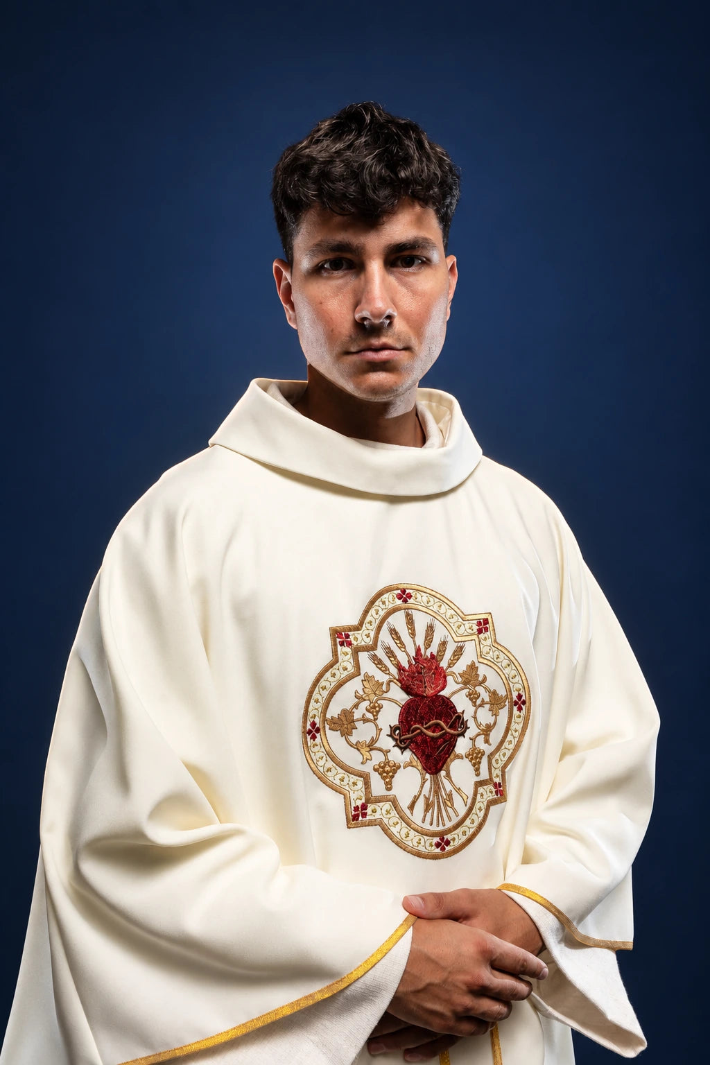 Front view of cream chasuble with gold trim and Sacred Heart embroidery on the chest