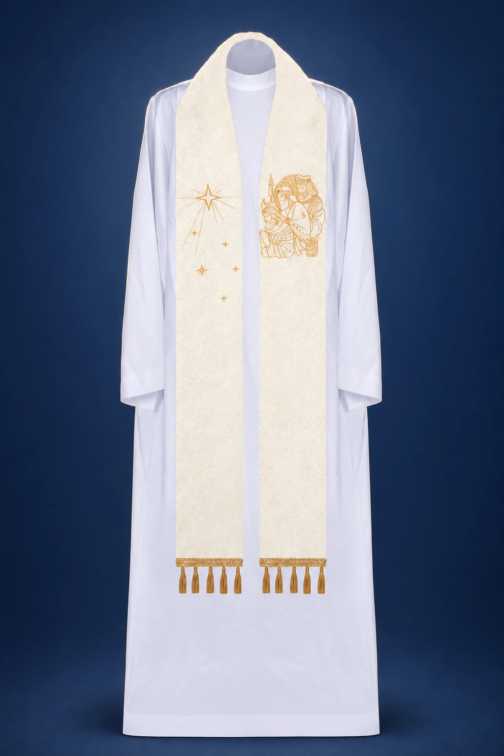 Front view of a cream priest stole with gold Epiphany embroidery and tassel ends