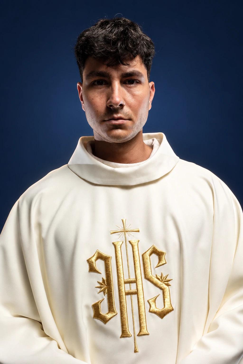 Front view of an ecru chasuble with gold IHS embroidery on the chest