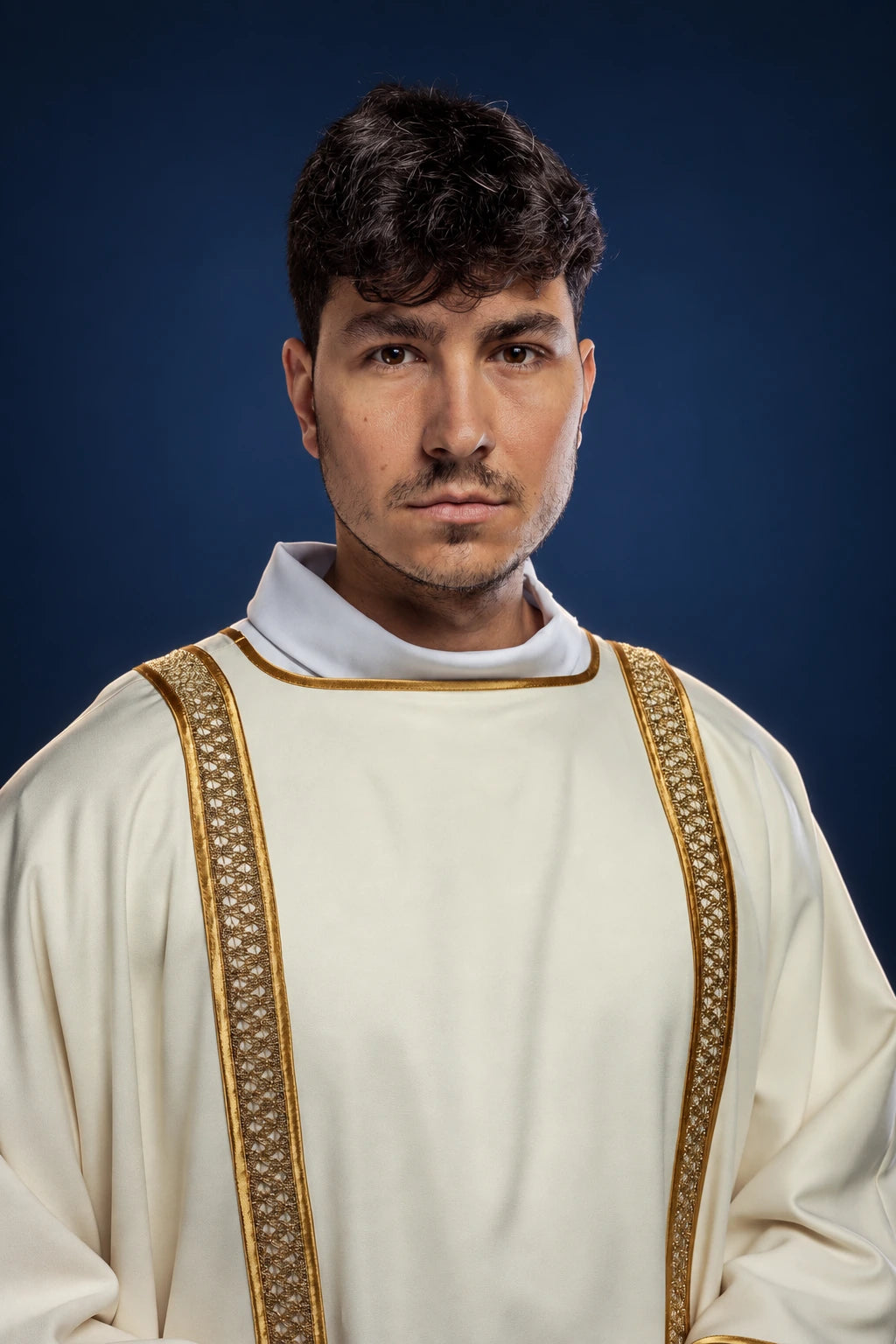 Front view of an ecru dalmatic with gold-embroidered vertical orphreys and gold neckline trim