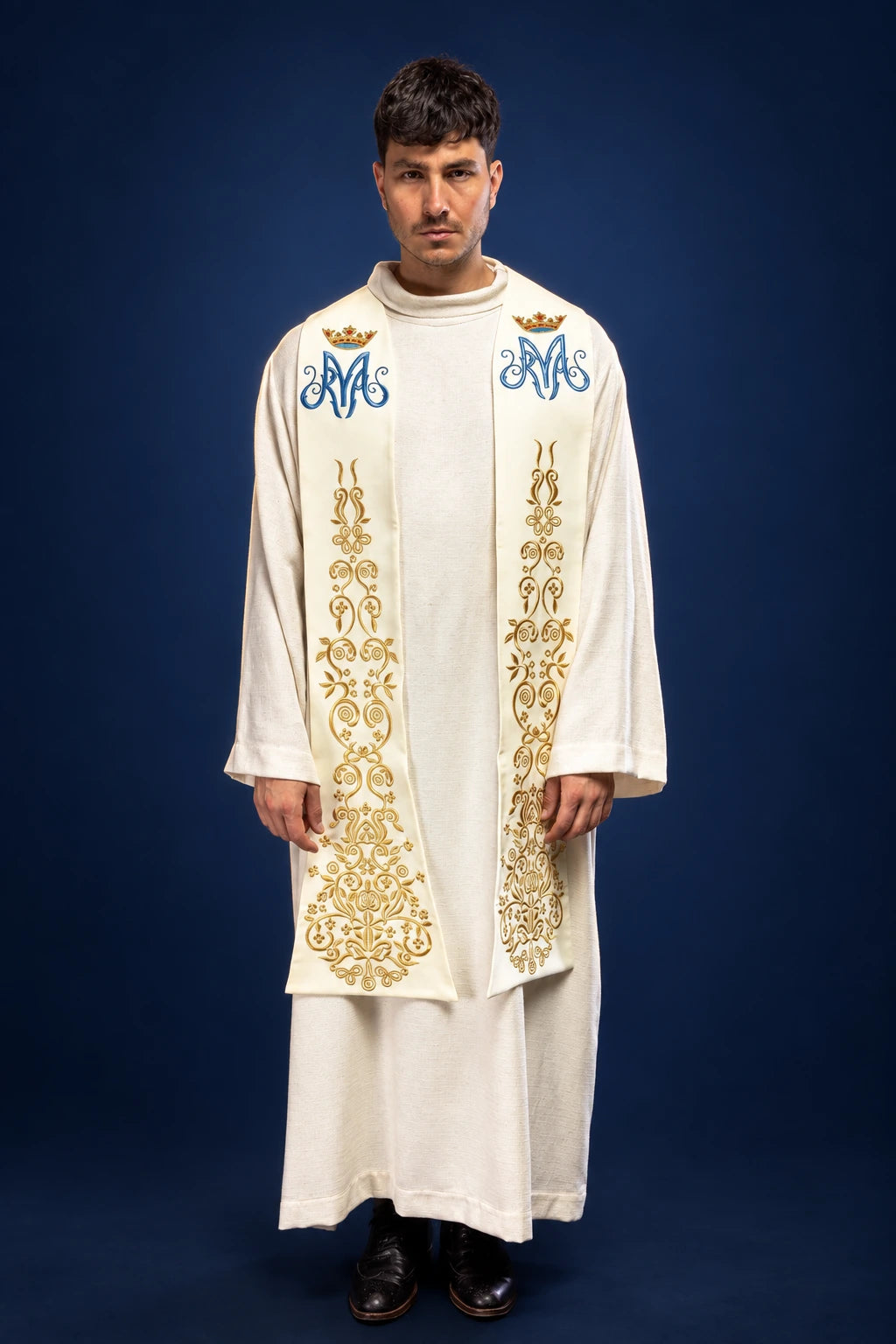 Front view of an ecru embroidered stole with Marian monogram and gold crown motif