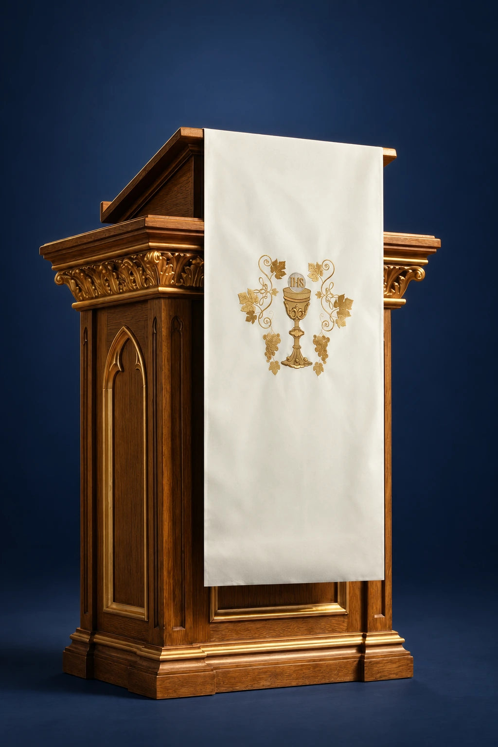 Front view of an ecru lectern cover with embroidered chalice motif and vine scrolls