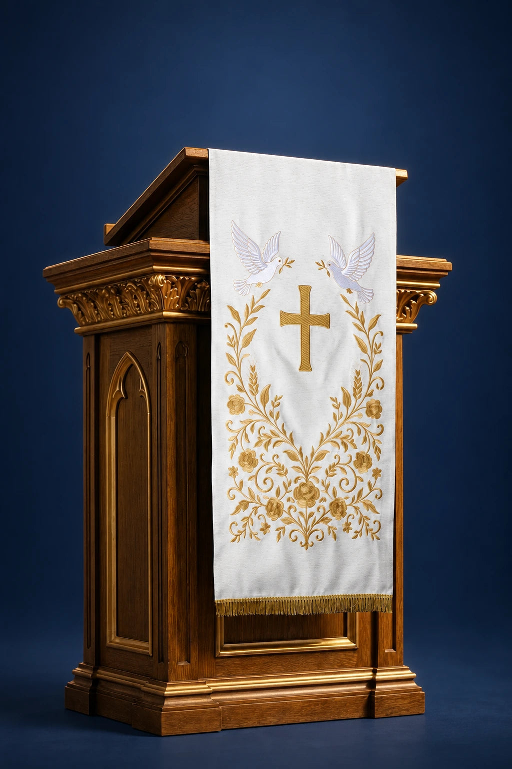Front view of an ecru lectern cover with gold cross, laurel motif, and dove embroidery