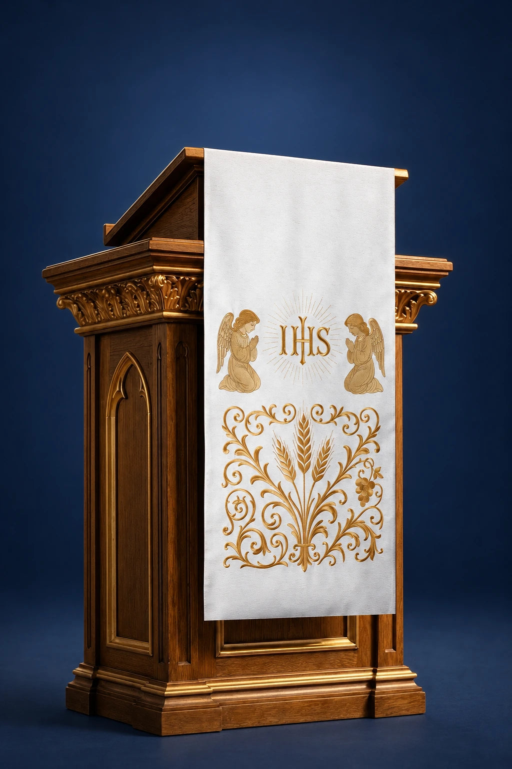 Front view of an ecru lectern cover with gold IHS and angel embroidery