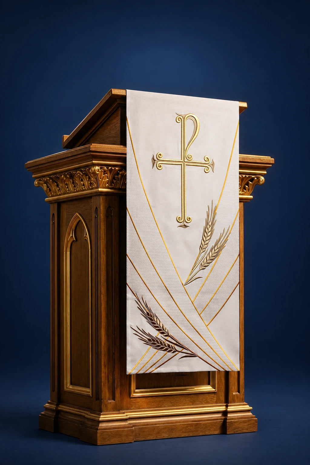 Front view of an ecru lectern cover with gold PAX cross and wheat embroidery
