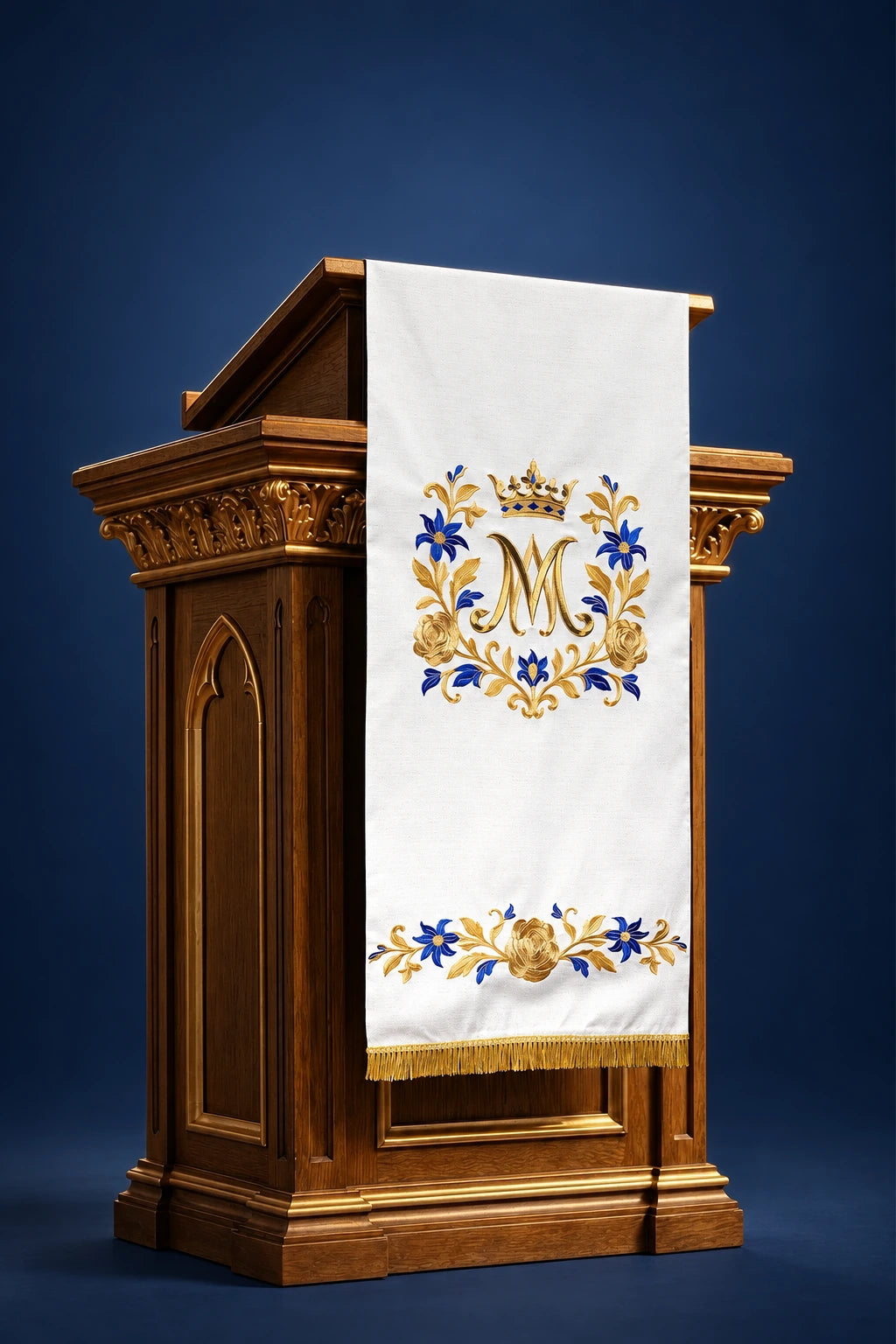 Front view of an ecru lectern cover with Marian monogram and floral embroidery, fringe hem