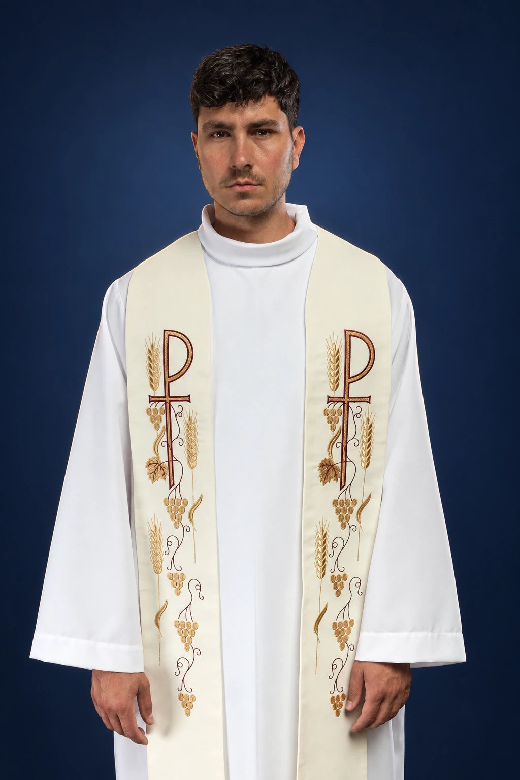 Front view of an ecru priest stole embroidered with cross, wheat, and grapes