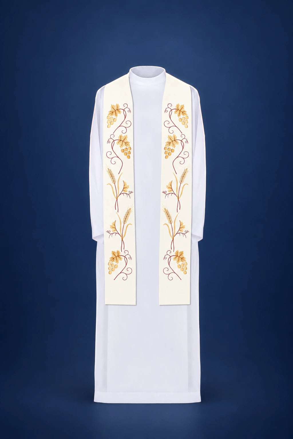 Front view of an ecru priest stole with embroidered grapes, wheat, and vine motifs on both panels