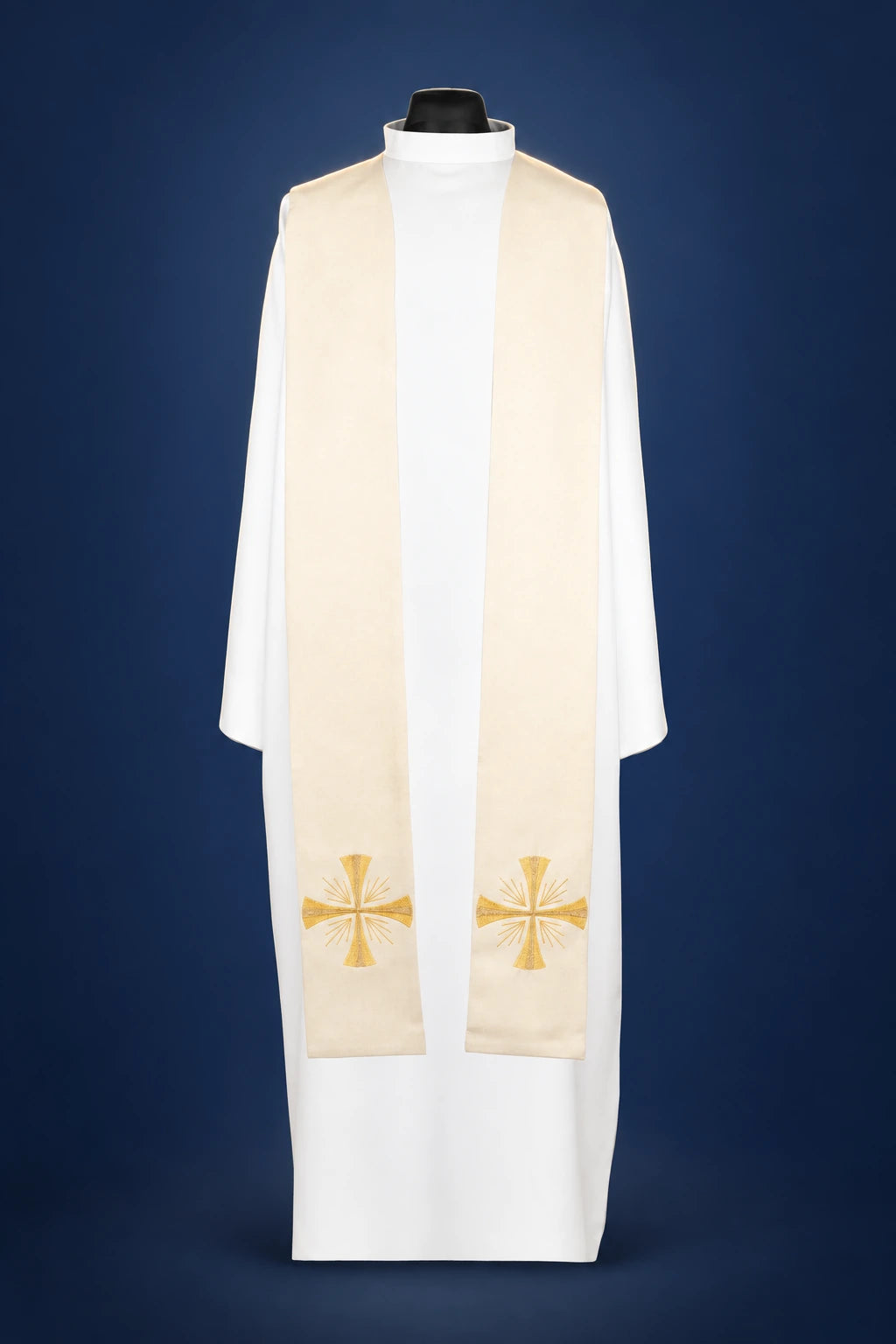 Front view of an ecru priest stole with gold cross embroidery near the ends