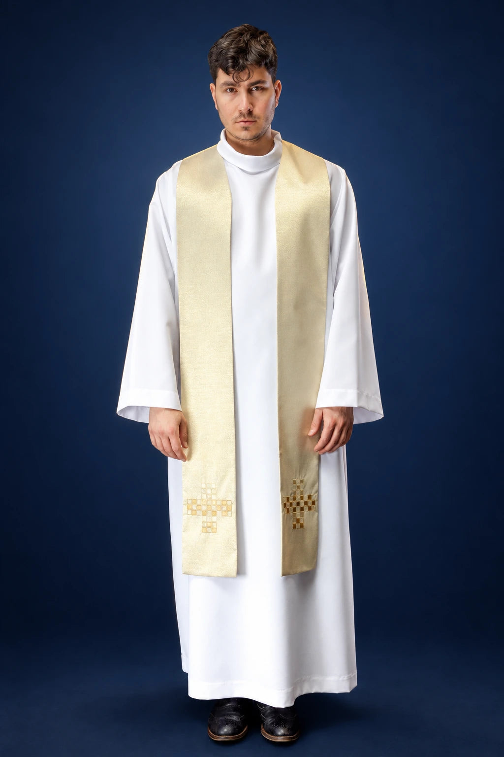 Front view of an ecru stole with gold embroidered cross motifs at the lower ends
