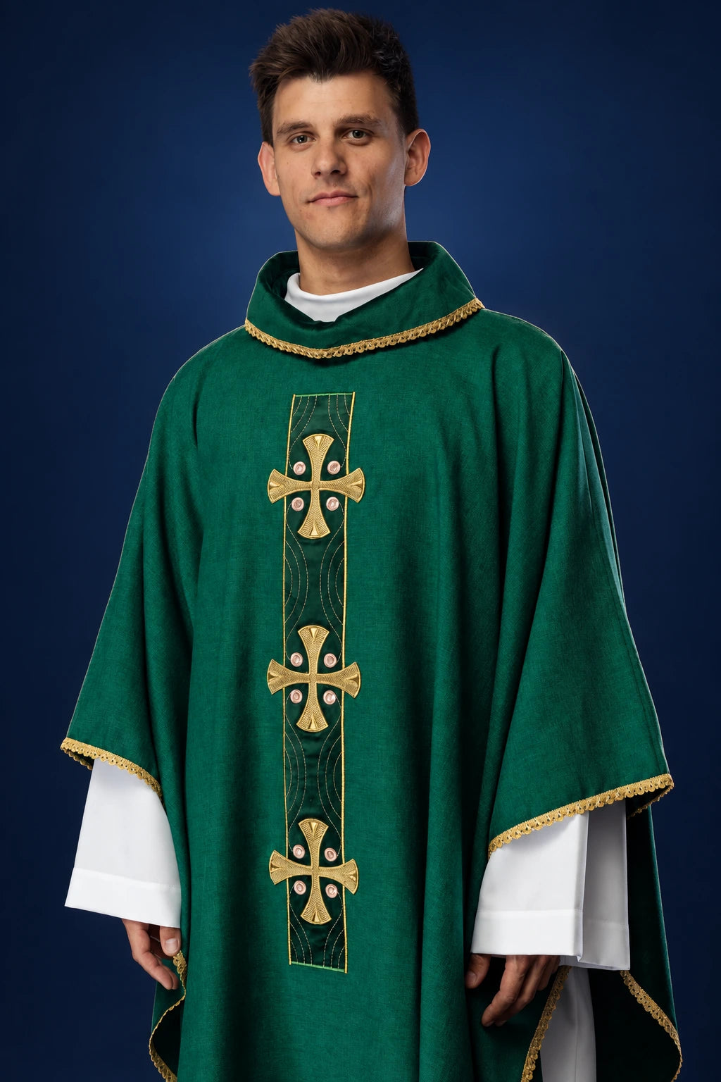 Front view of green chasuble with gold embroidered crosses and gold-trimmed collar and edges