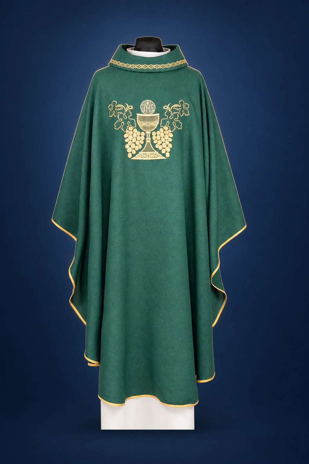 Front view of green chasuble with gold trim and embroidered chalice and grapes motif