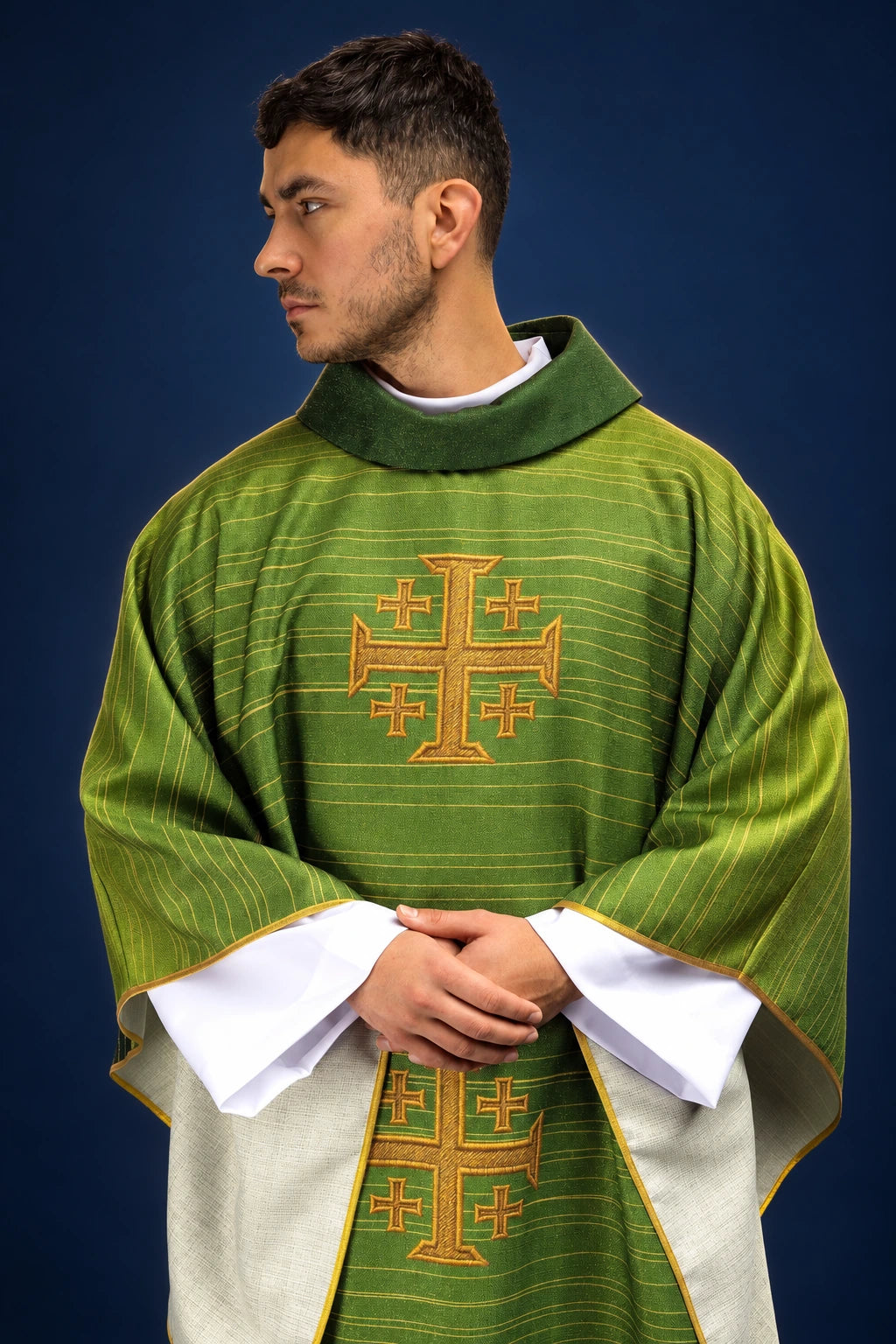 Front view of a green chasuble with Jerusalem cross and subtle horizontal stripes