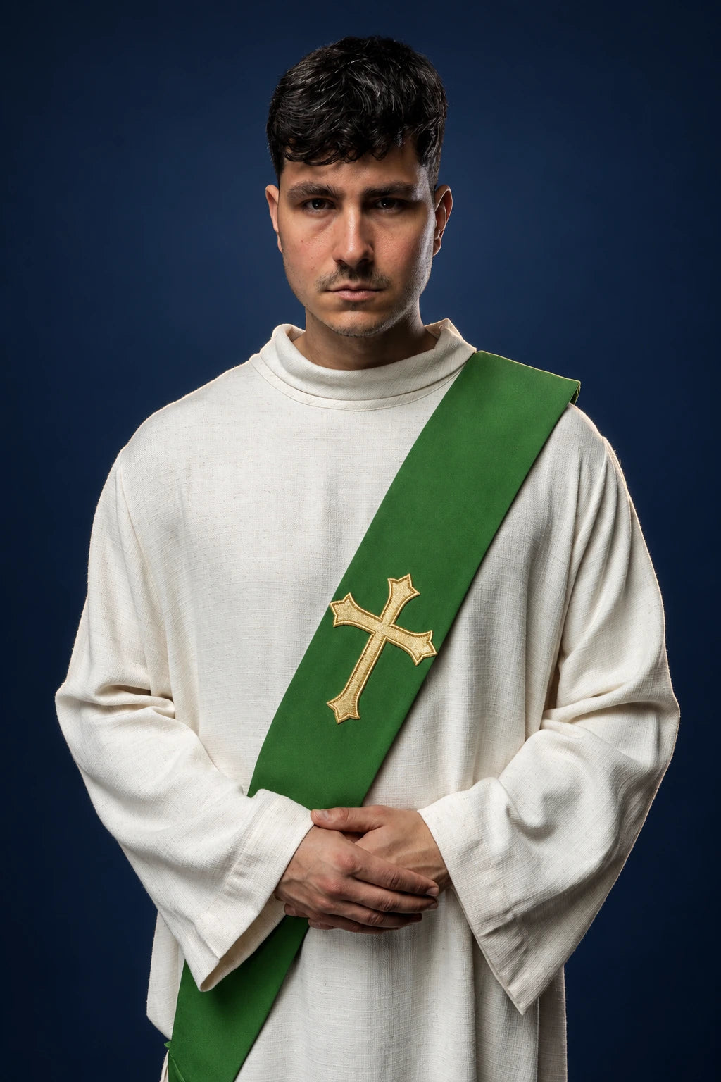 Front view of a green deacon stole with embroidered cross, worn diagonally over a white alb