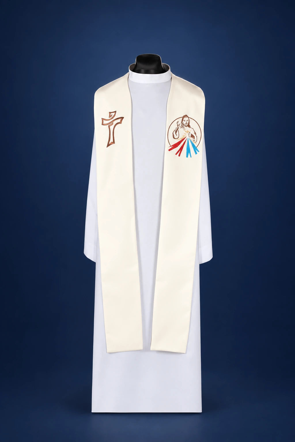 Front view of an ivory stole with embroidered cross and Divine Mercy image