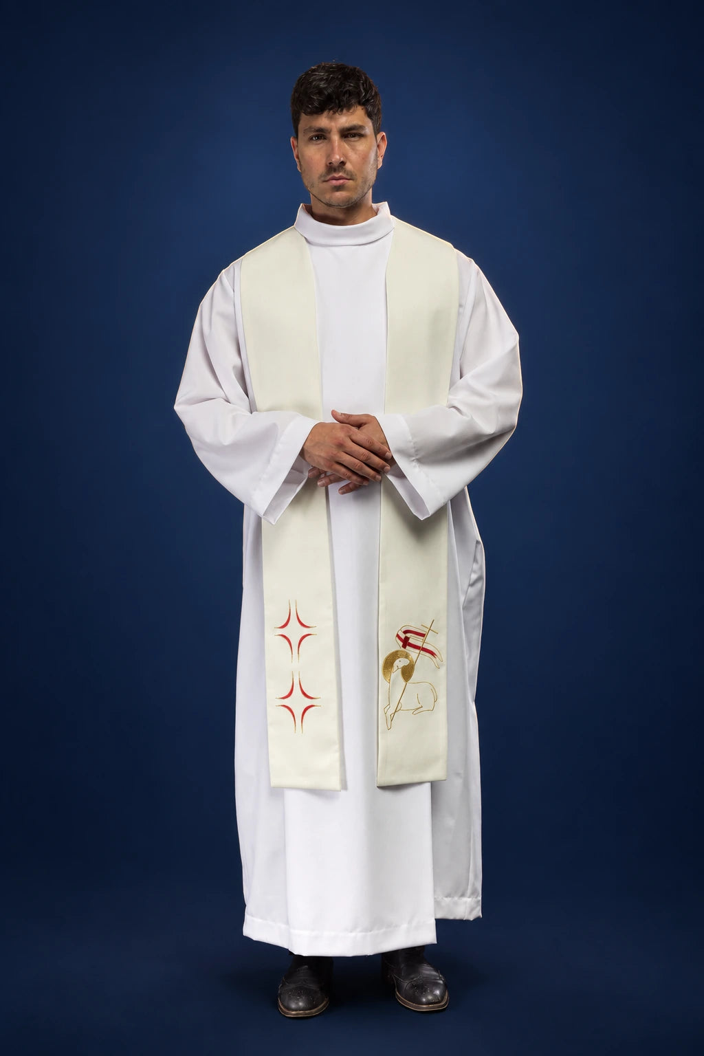 Front view of a priest stole with red crosses and a lamb embroidery near the hem