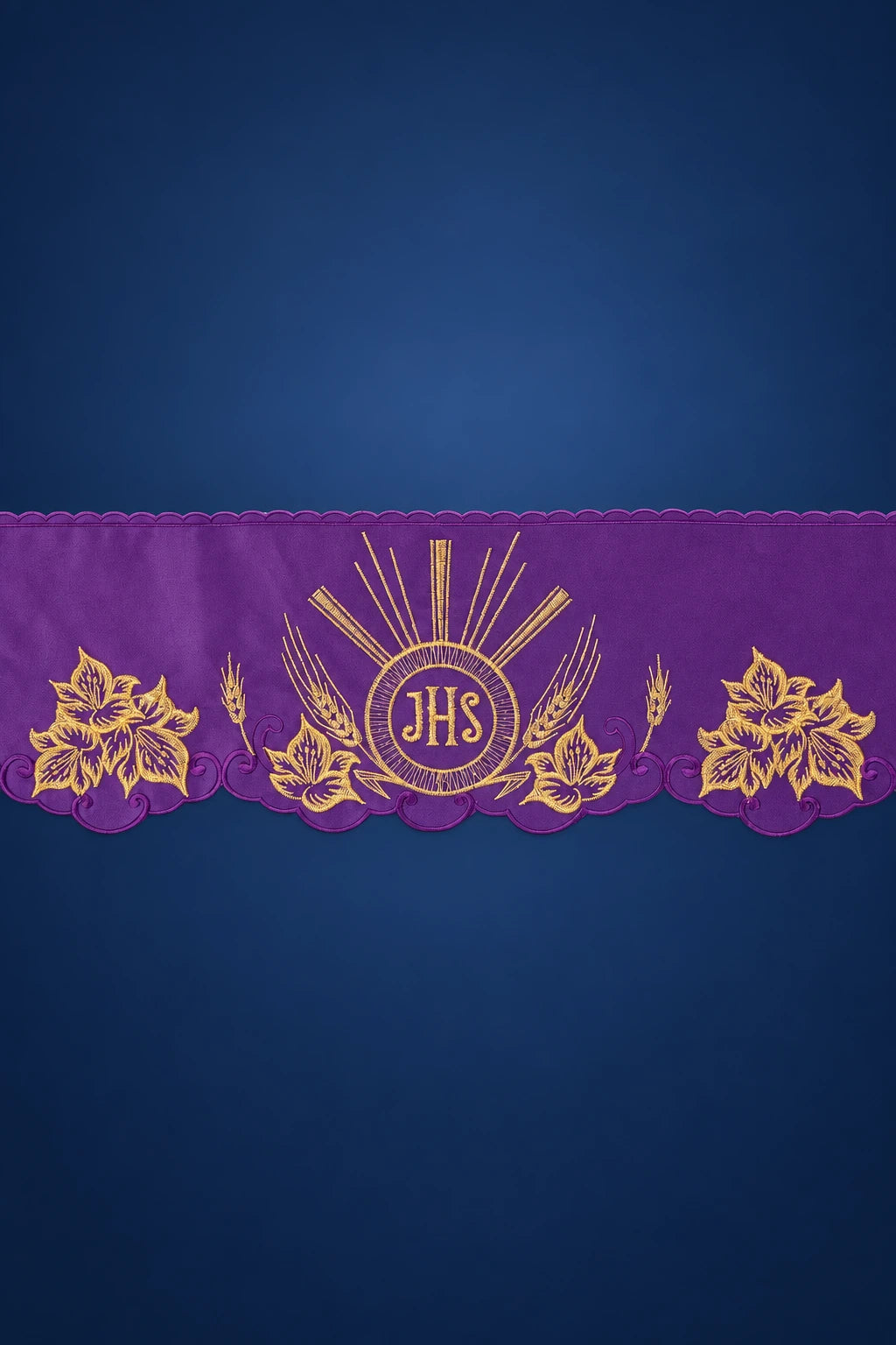 Front view of purple altar lace with gold IHS embroidery and floral motifs