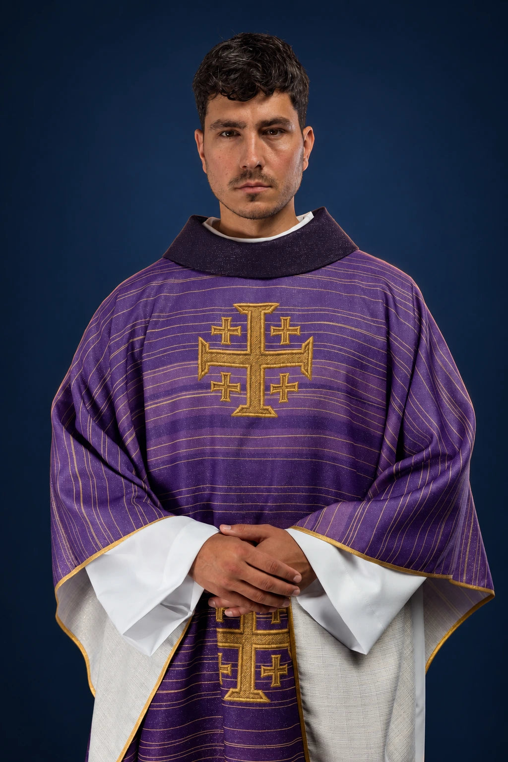 Front view of a purple Catholic chasuble with gold Jerusalem cross and fine horizontal stripes