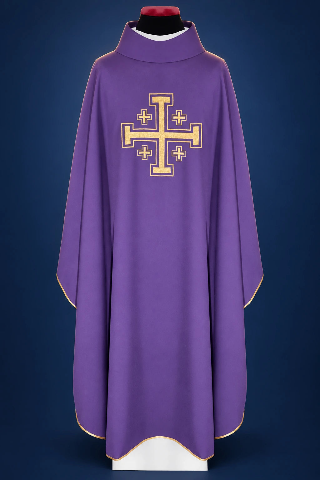 Front view of a purple chasuble with gold-trimmed cross motif embroidered on the chest