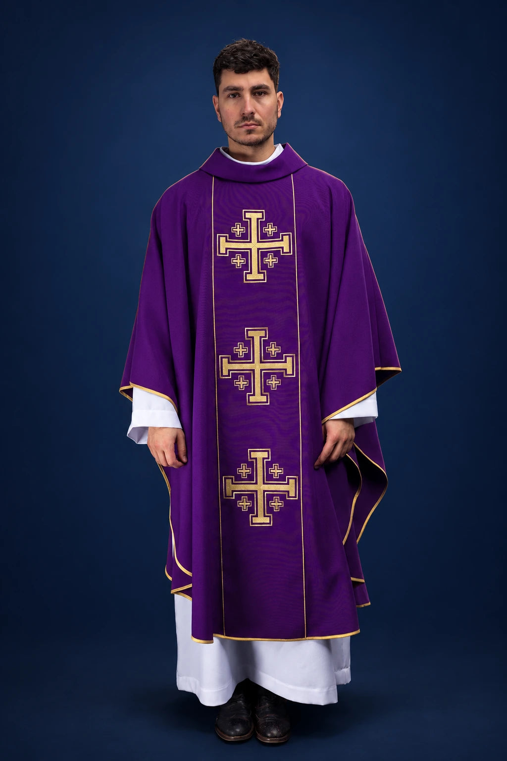 Front view of a purple chasuble with vertical Jerusalem cross orphrey and gold trim