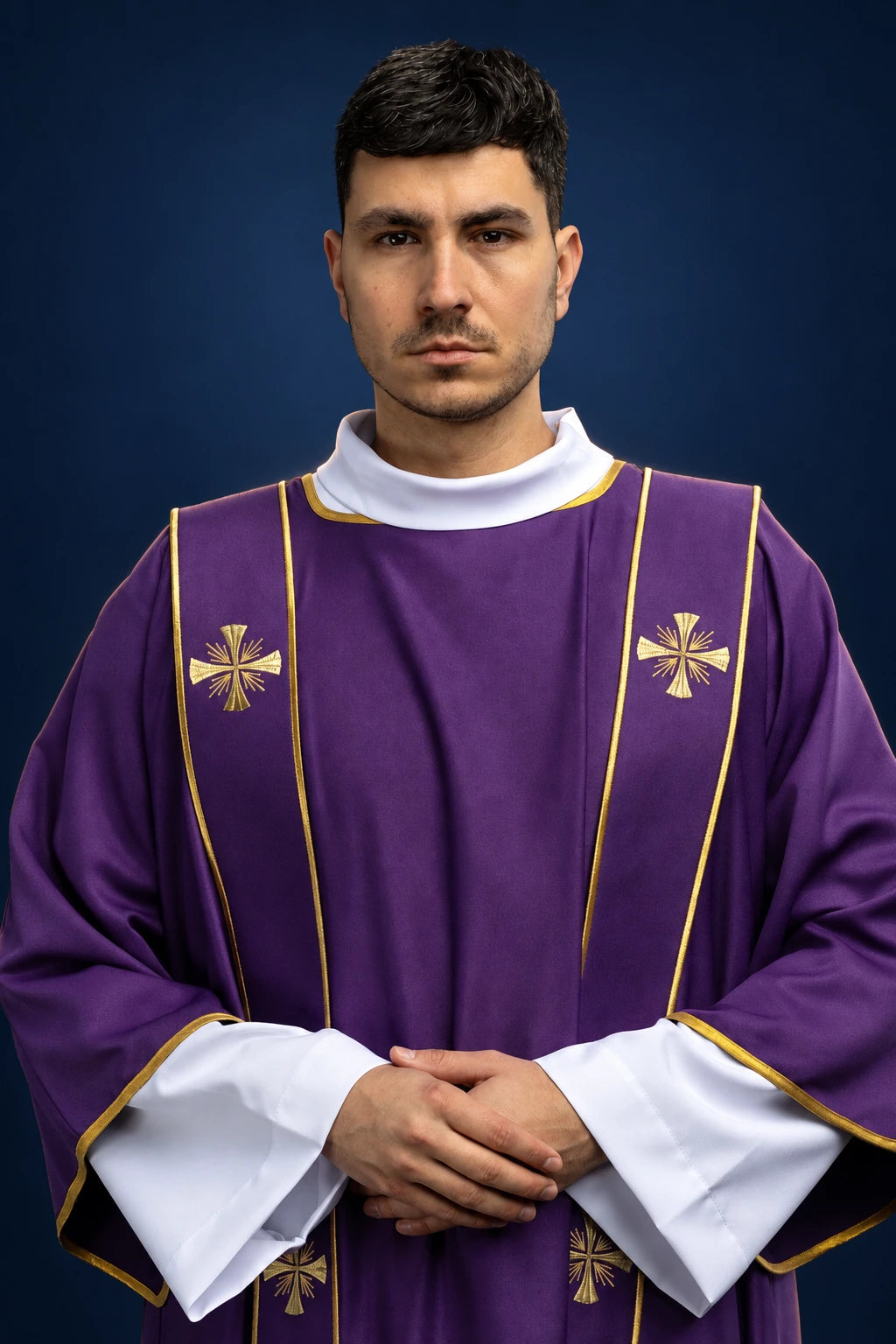 Front view of a purple dalmatic with gold crosses and gold trim, worn over a white alb and stole