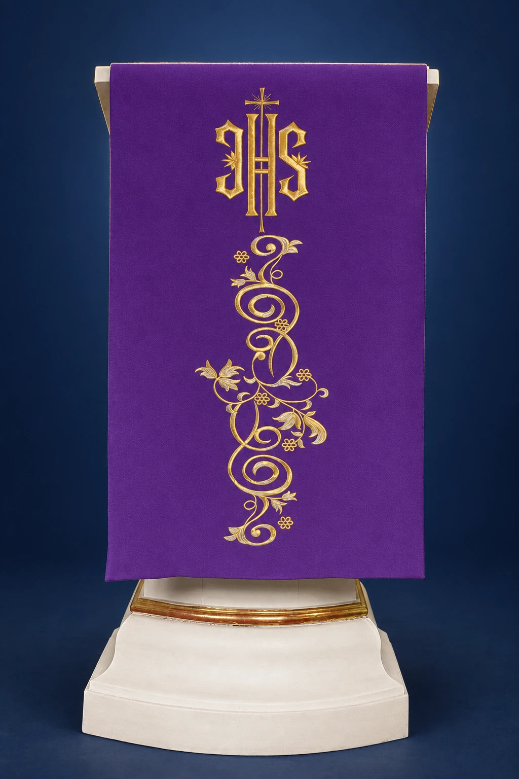 Front view of a purple lectern cover with gold IHS embroidery and vine motif