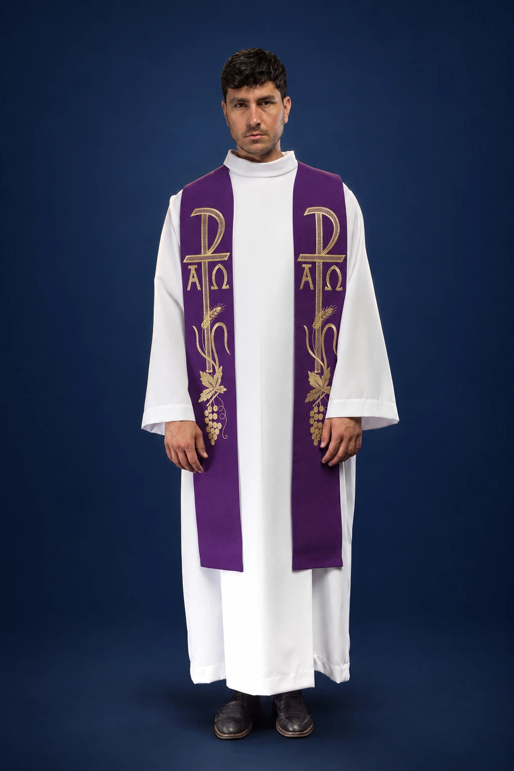Front view of a purple priest stole with gold Alpha Omega embroidery and vine accents