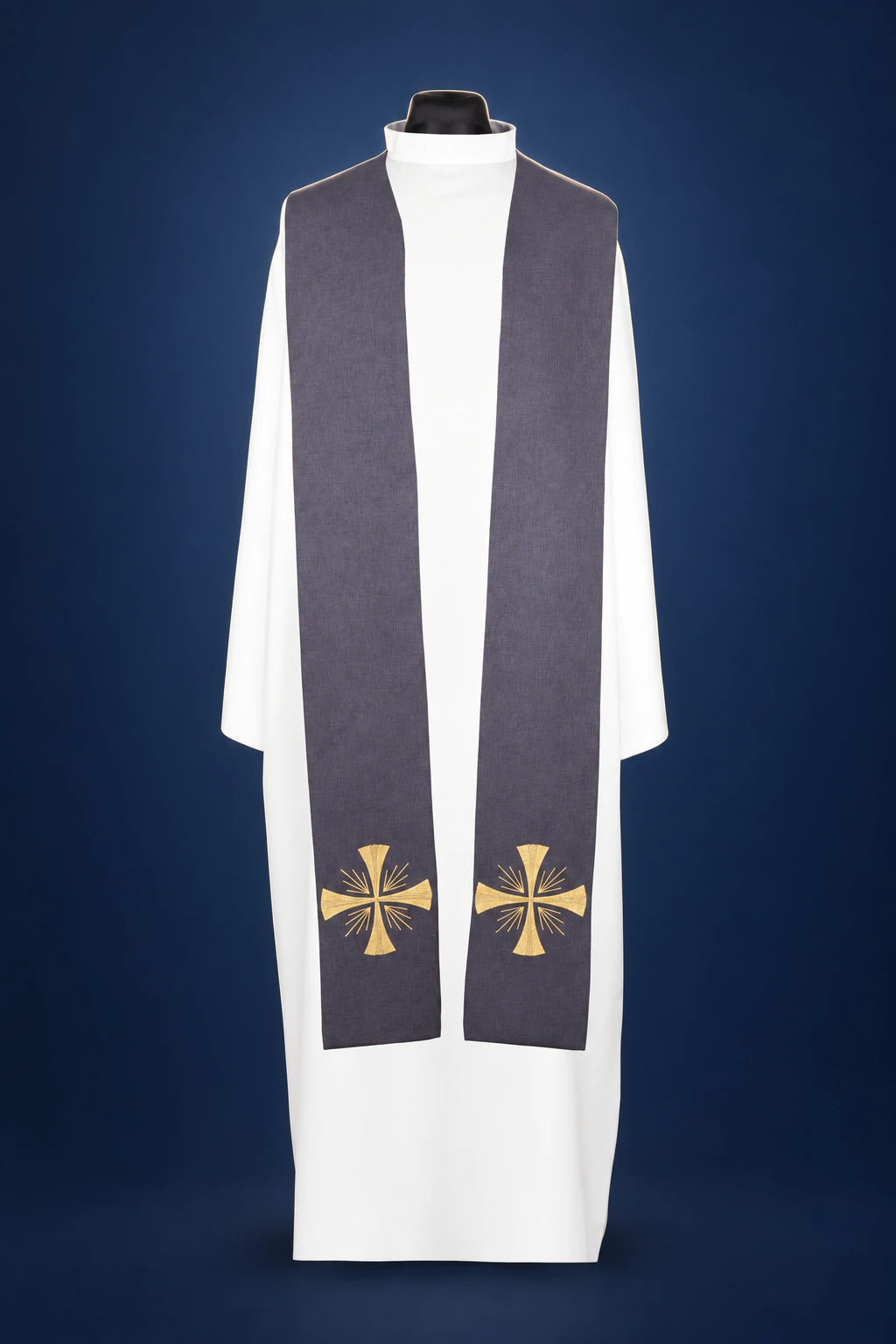Front view of a purple priest stole with gold cross embroidery near the ends