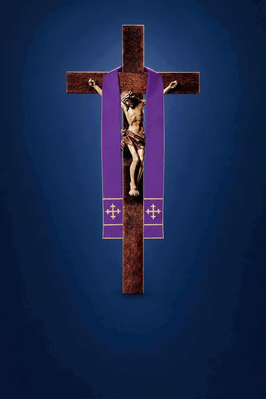 Front view of a purple short stole draped over a cross, with a crucifix image and gold cross motifs on the ends