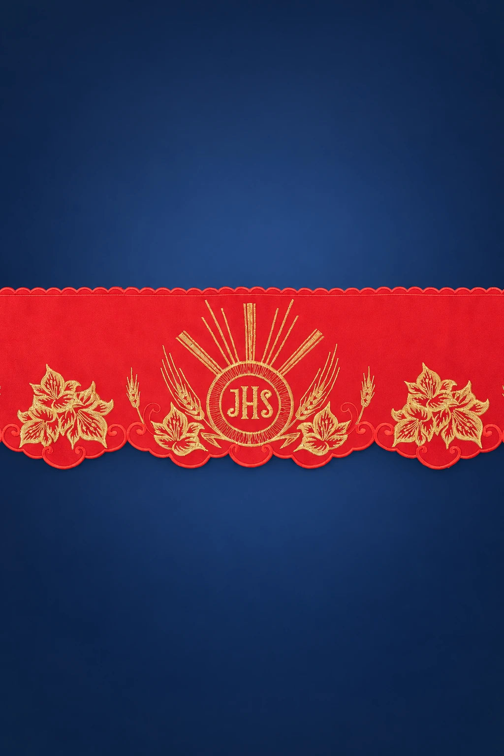 Front view of red altar lace with gold IHS embroidery and floral scrollwork