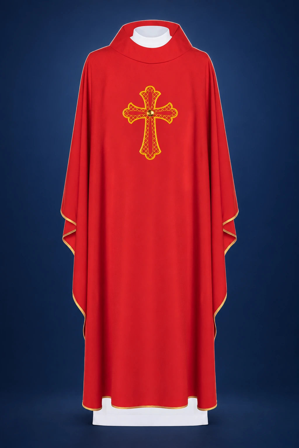 Front view of a red chasuble with gold trim and embroidered cross on the chest