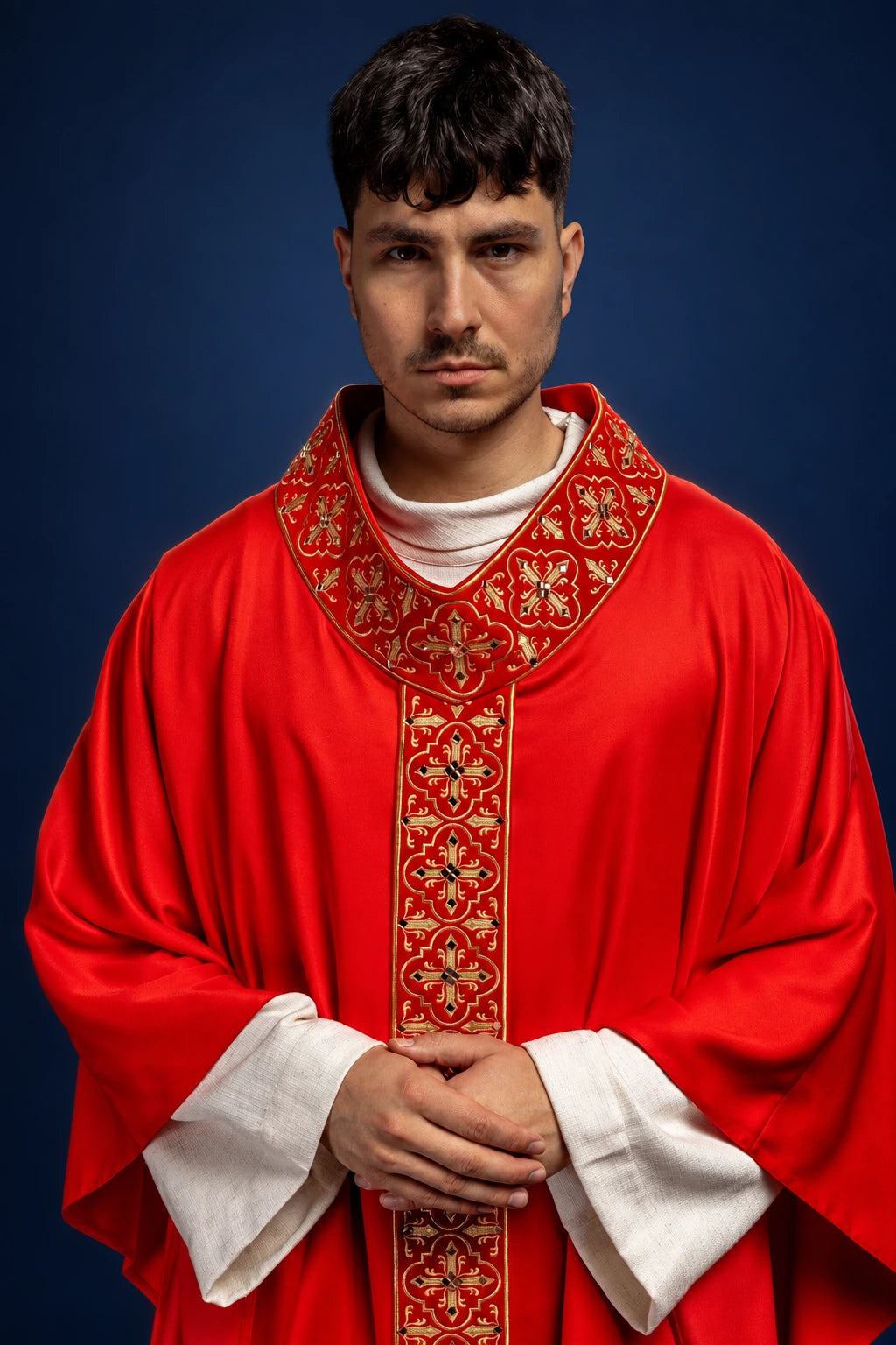 Front view of a red chasuble with a narrow embroidered orphrey and ornate stone-embellished collar and band
