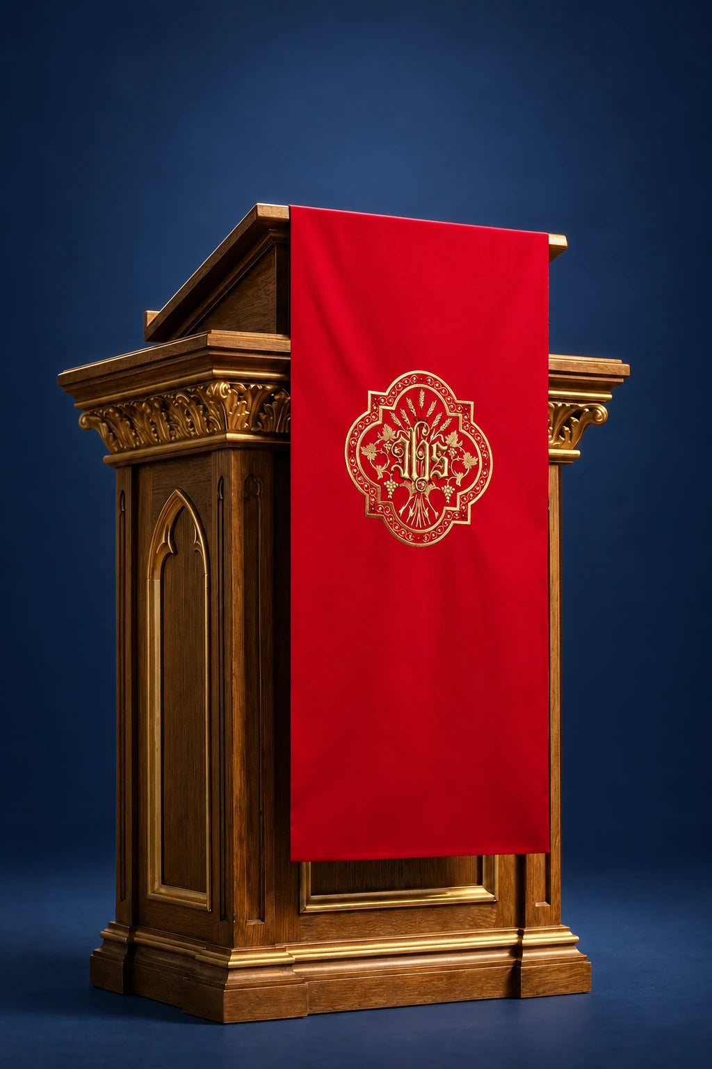 Front view of a red lectern cover with gold JHS embroidery