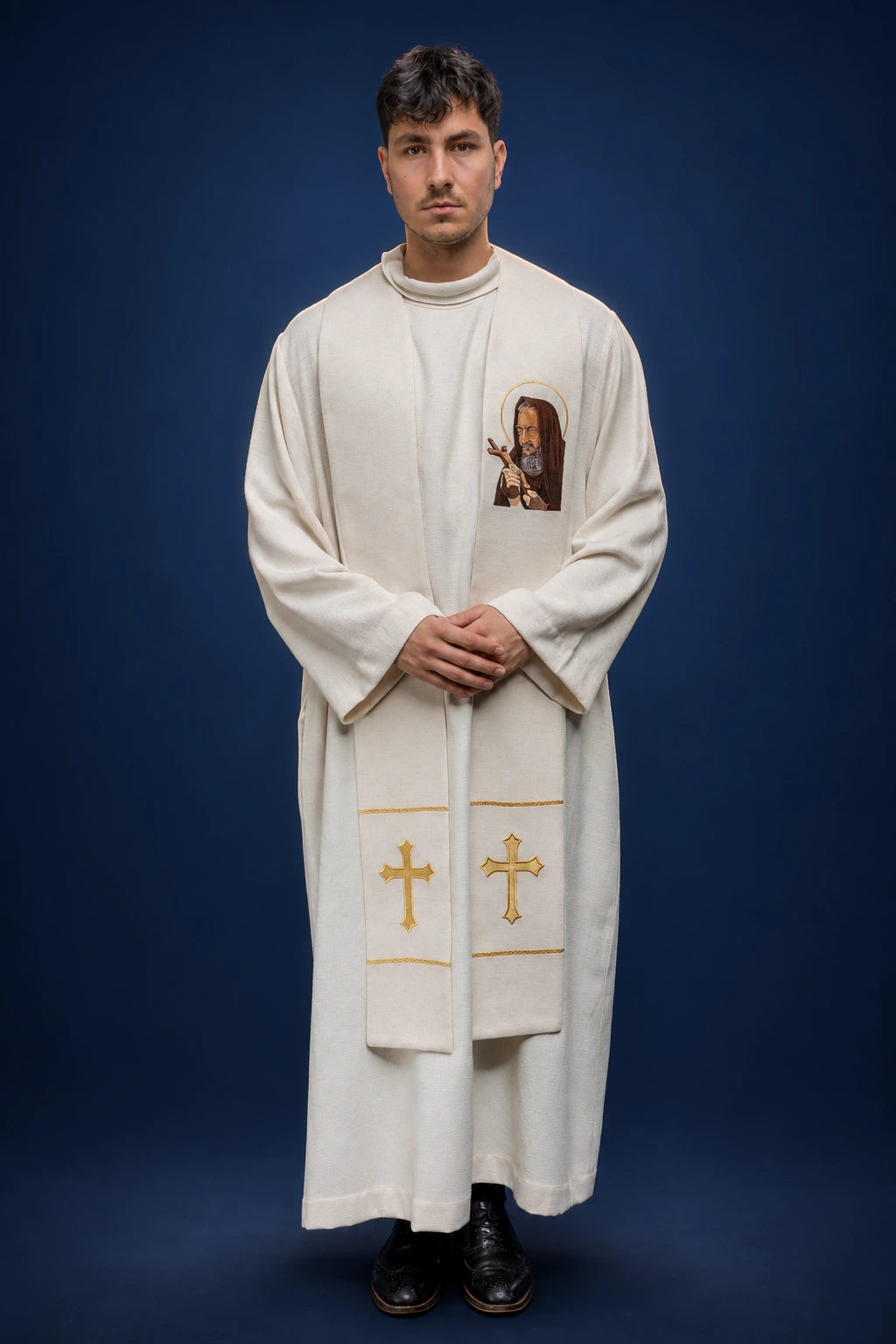 Front view of a white Catholic stole with embroidered Padre Pio portrait and gold crosses at the ends