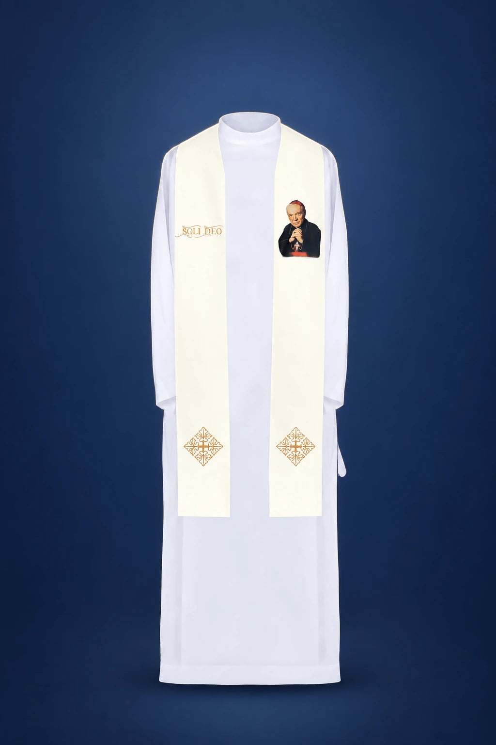 Front view of a white liturgical stole with a portrait of Blessed Cardinal Stefan Wyszyński and gold cross motifs