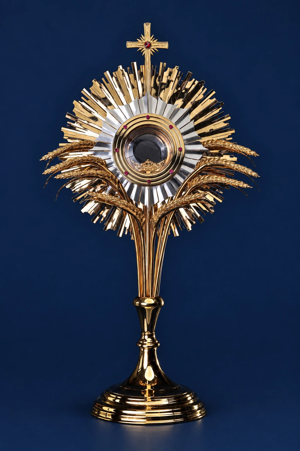 Gold-plated brass monstrance with radiating rays, ruby accents, and cross finial