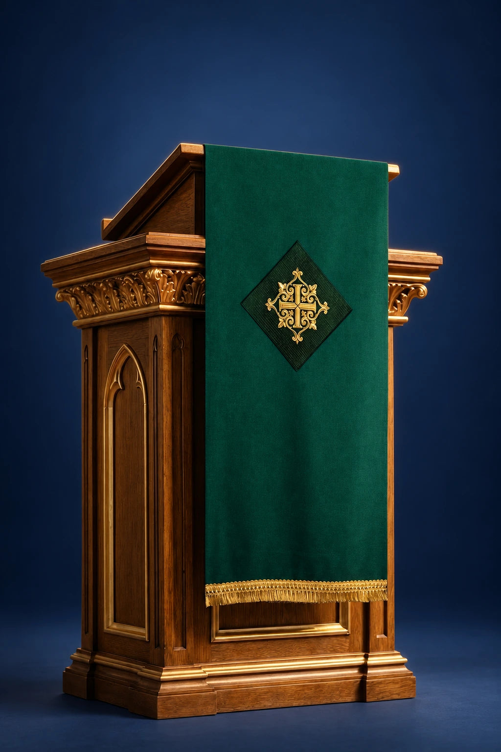 Green lectern cover with gold embroidered cross motif, front view, hanging to the floor