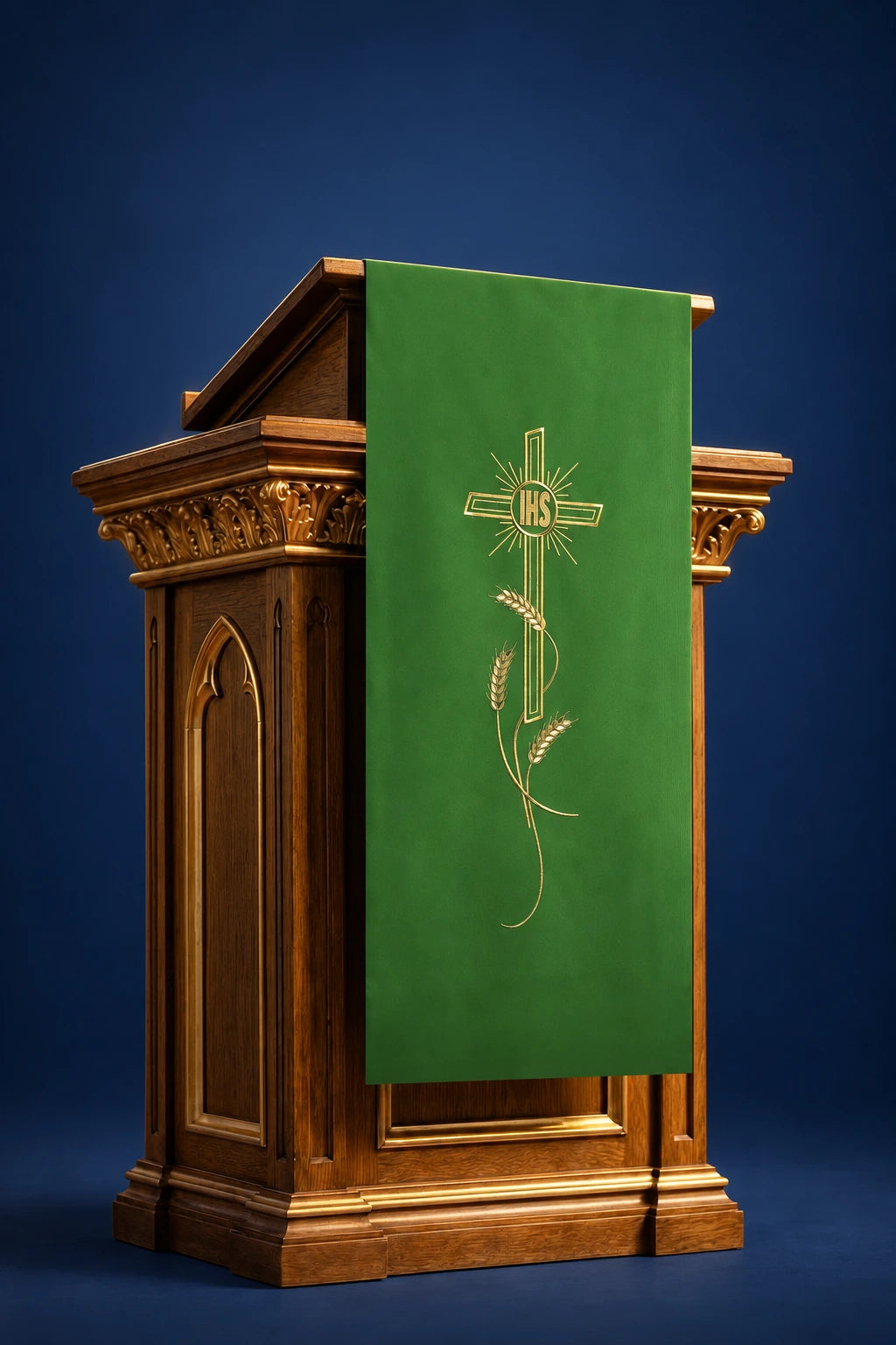 Green lectern cover hanging front, with IHS cross and wheat embroidery