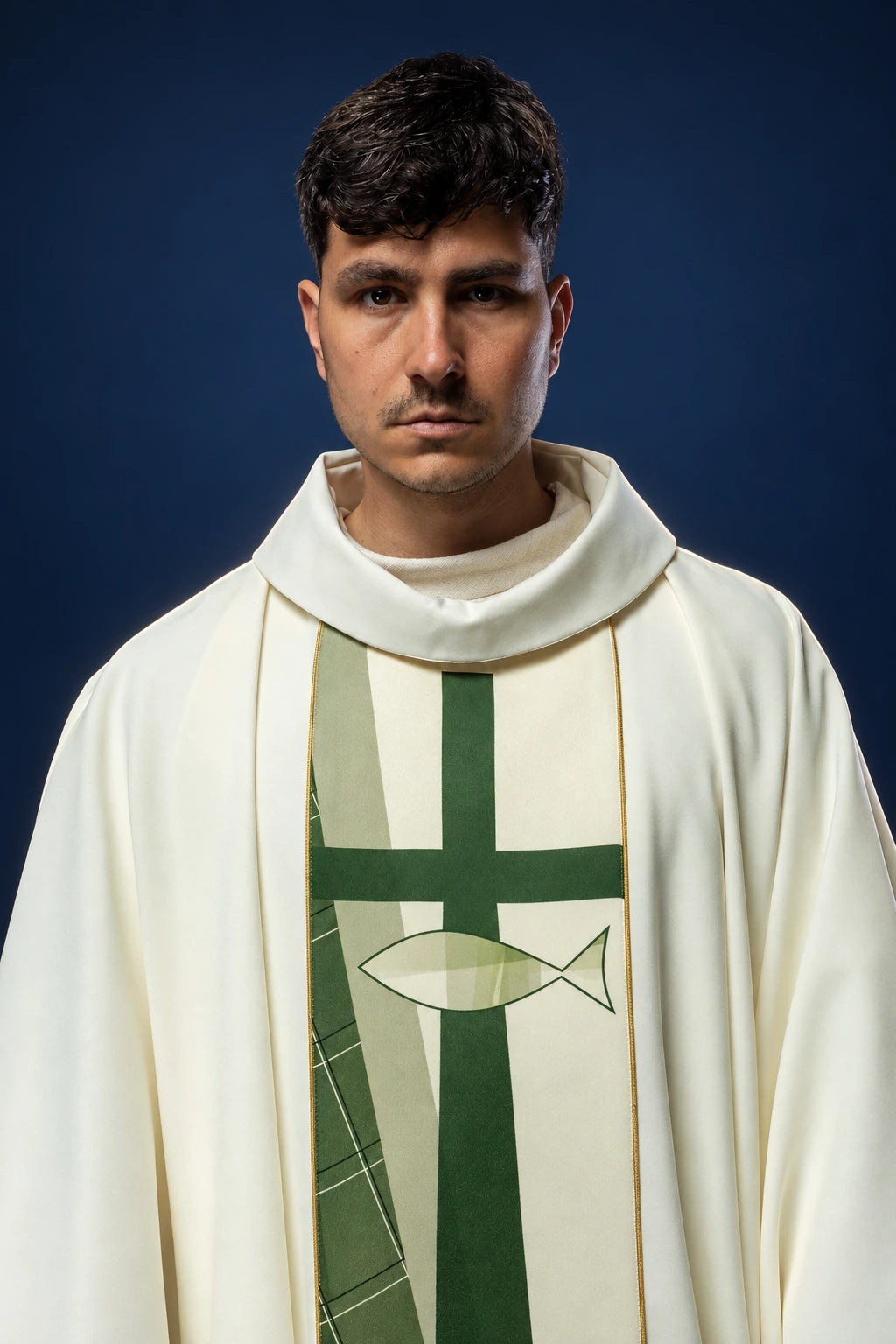 White Embroidered Catholic Chasuble with Cross and Fish, front view with green cross and fish