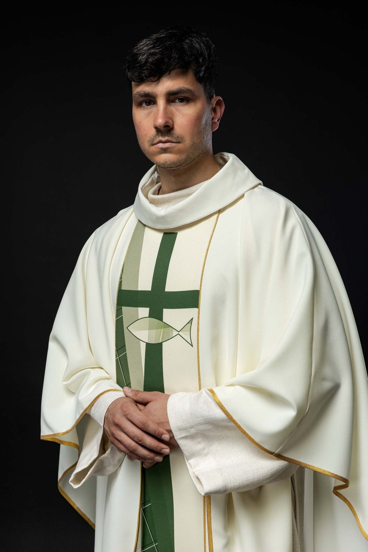 White chasuble with fish and cross embroidery, front three-quarter view