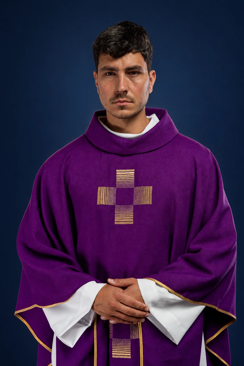 Purple Chasuble with Embroidered Crosses, front view with gold trim and stand-up collar
