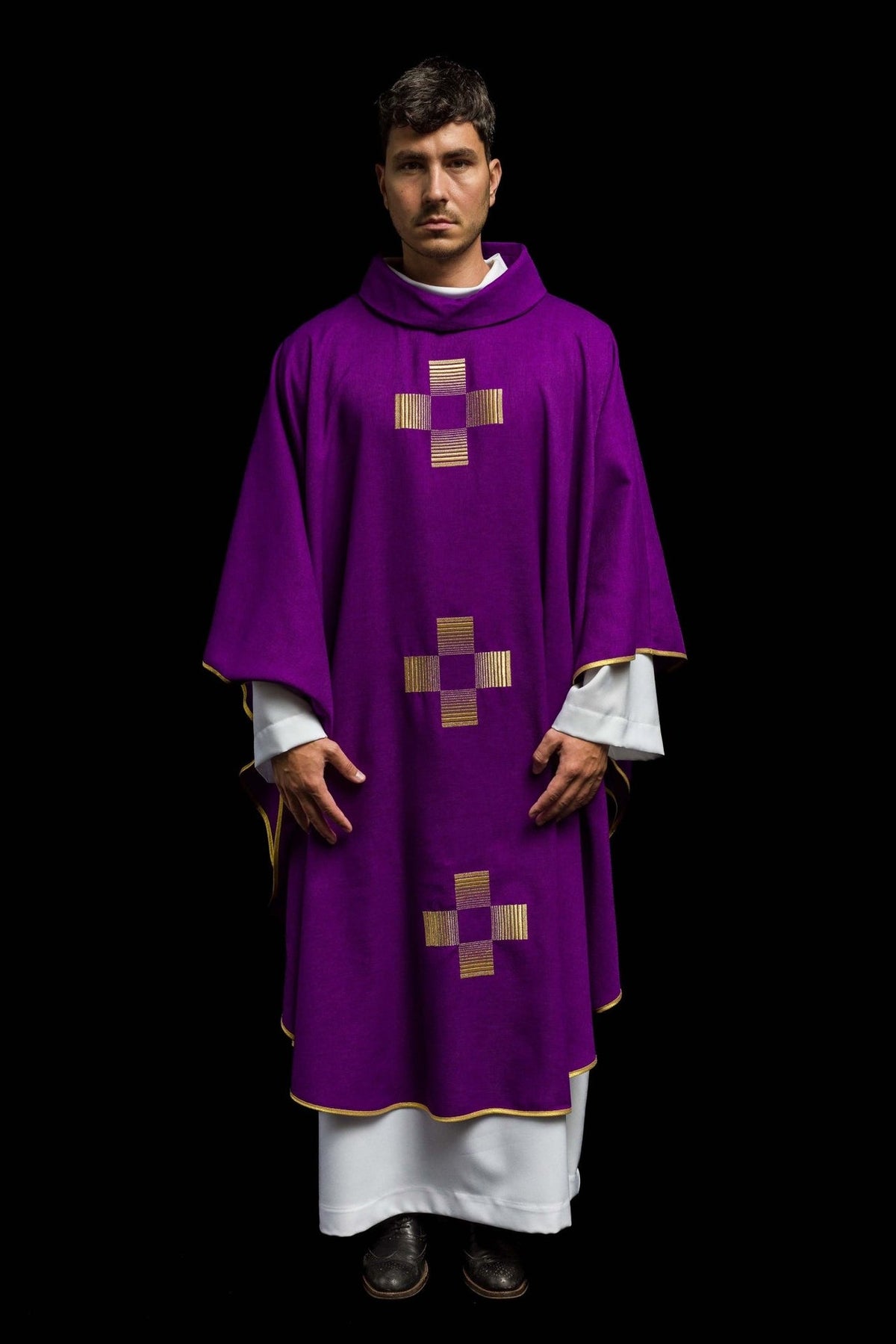 Purple chasuble front view with three gold embroidered crosses
