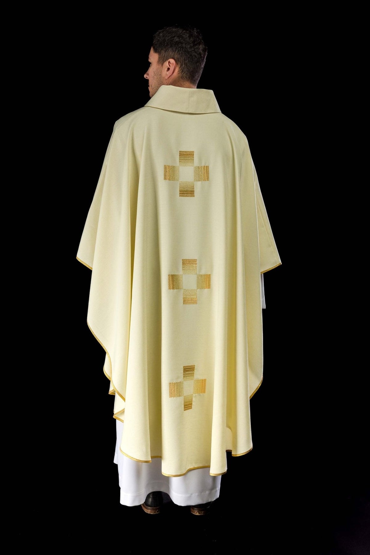 Ivory chasuble full back view with three embroidered gold crosses
