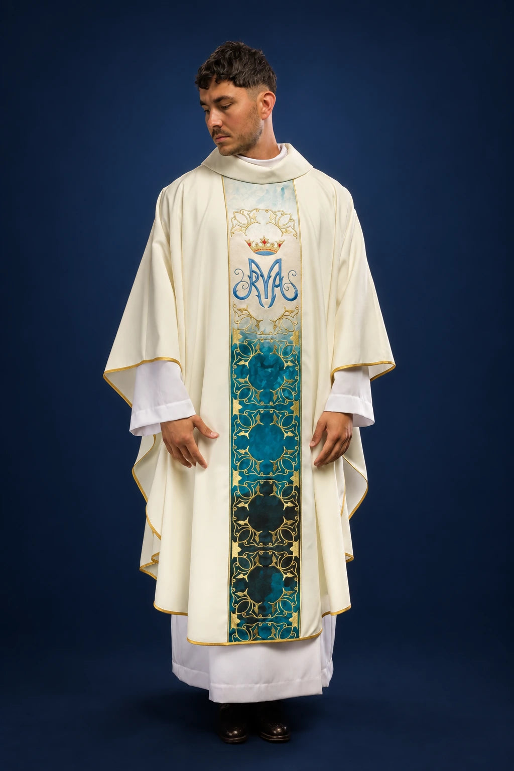 Marian Liturgical Chasuble with Embroidered Orphrey in Ecru, front view with blue and gold Marian motif