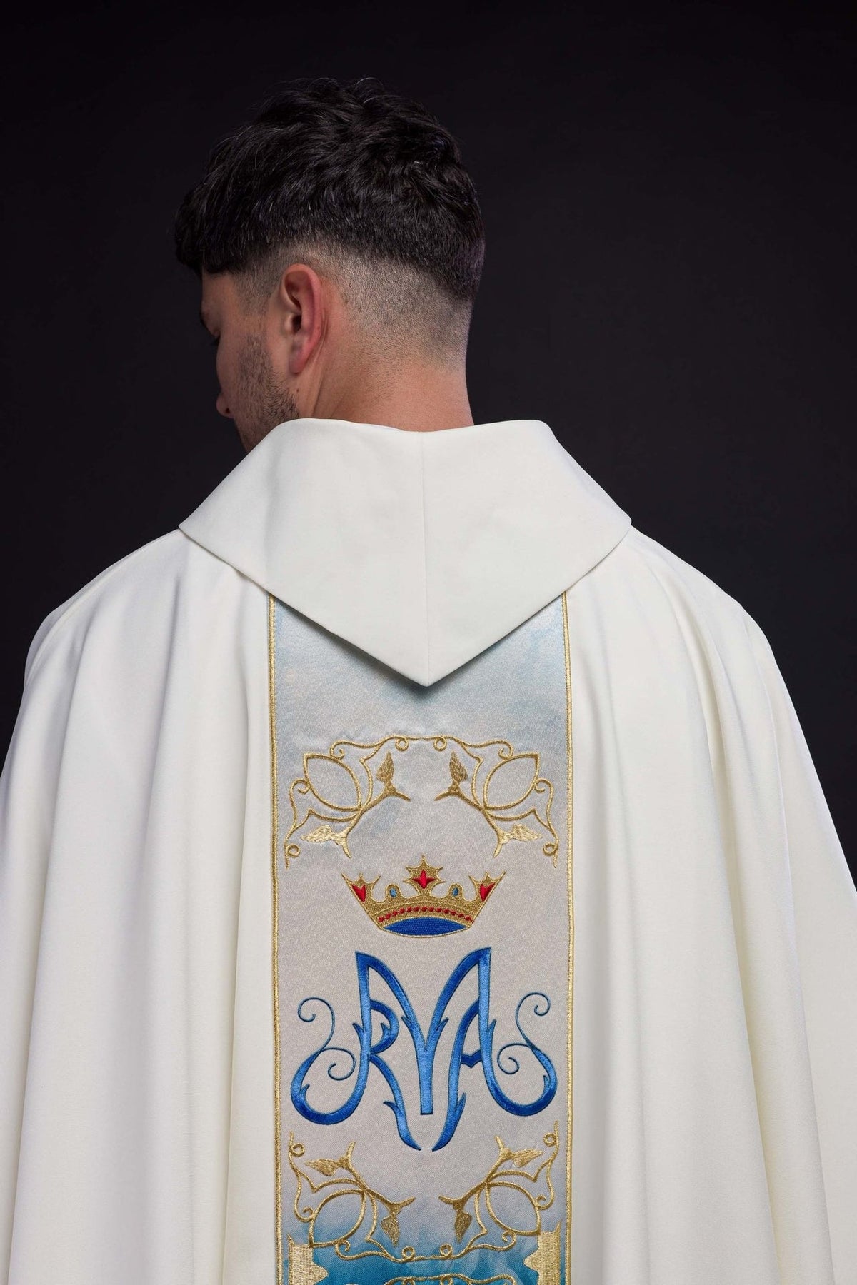 Back view of ecru chasuble with stand-up collar and embroidered Marian orphrey