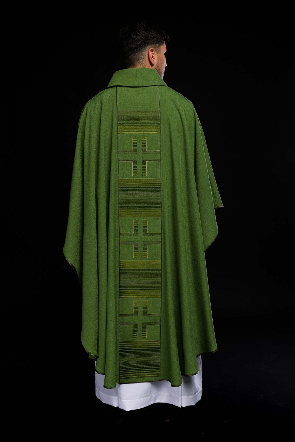 Green chasuble full back view showing three embroidered crosses