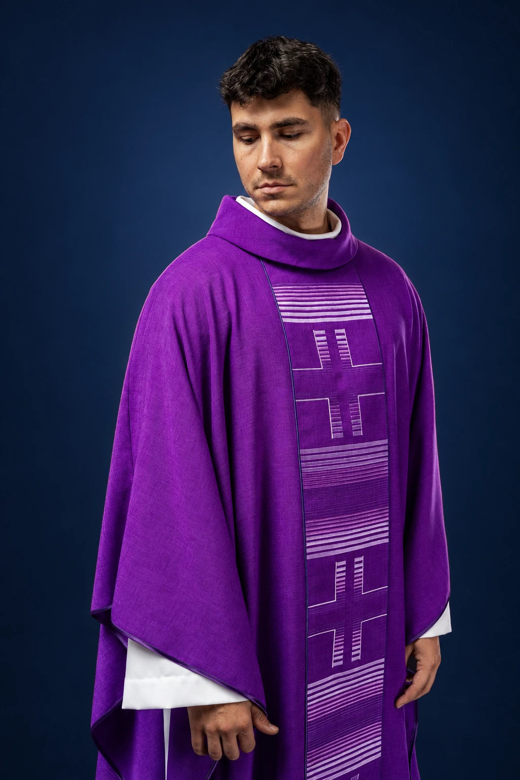 Embroidered Purple Chasuble with Three Crosses, front worn view with silver cross embroidery and stand-up collar