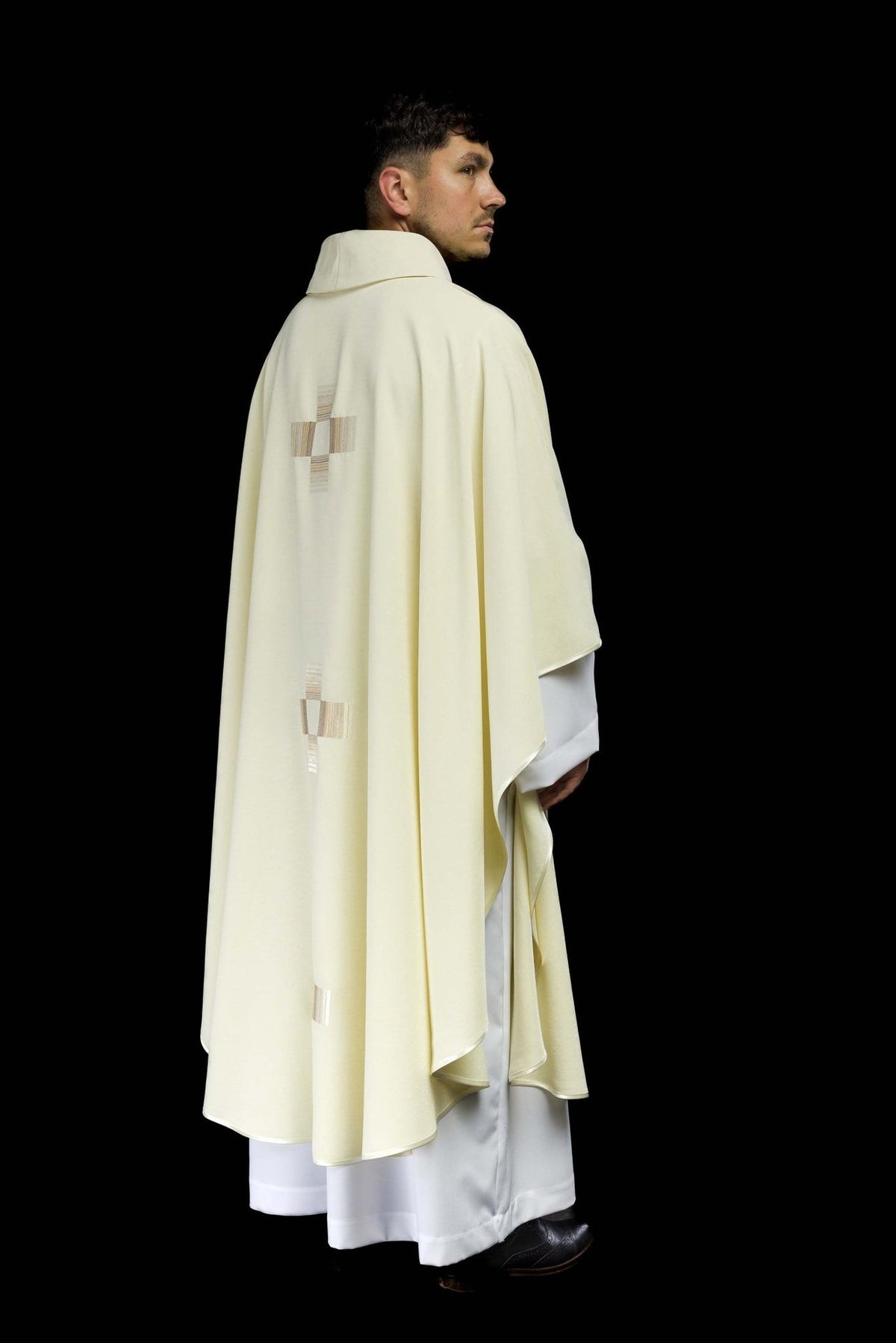 Ecru chasuble rear three-quarter view with two embroidered crosses