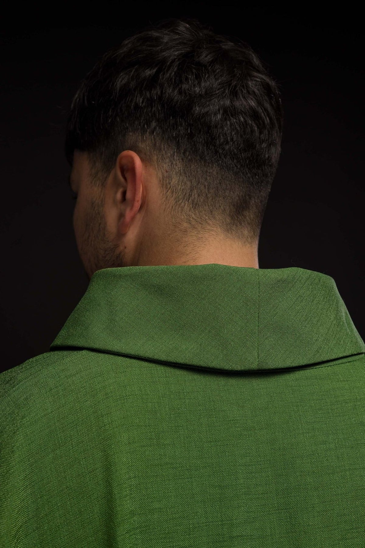 Green chasuble back close-up with stand-up collar