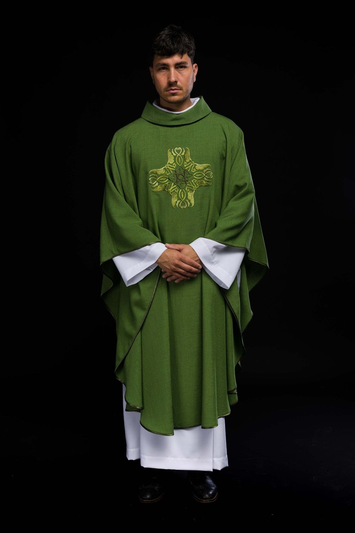 Green chasuble full front view with cross embroidery and trim